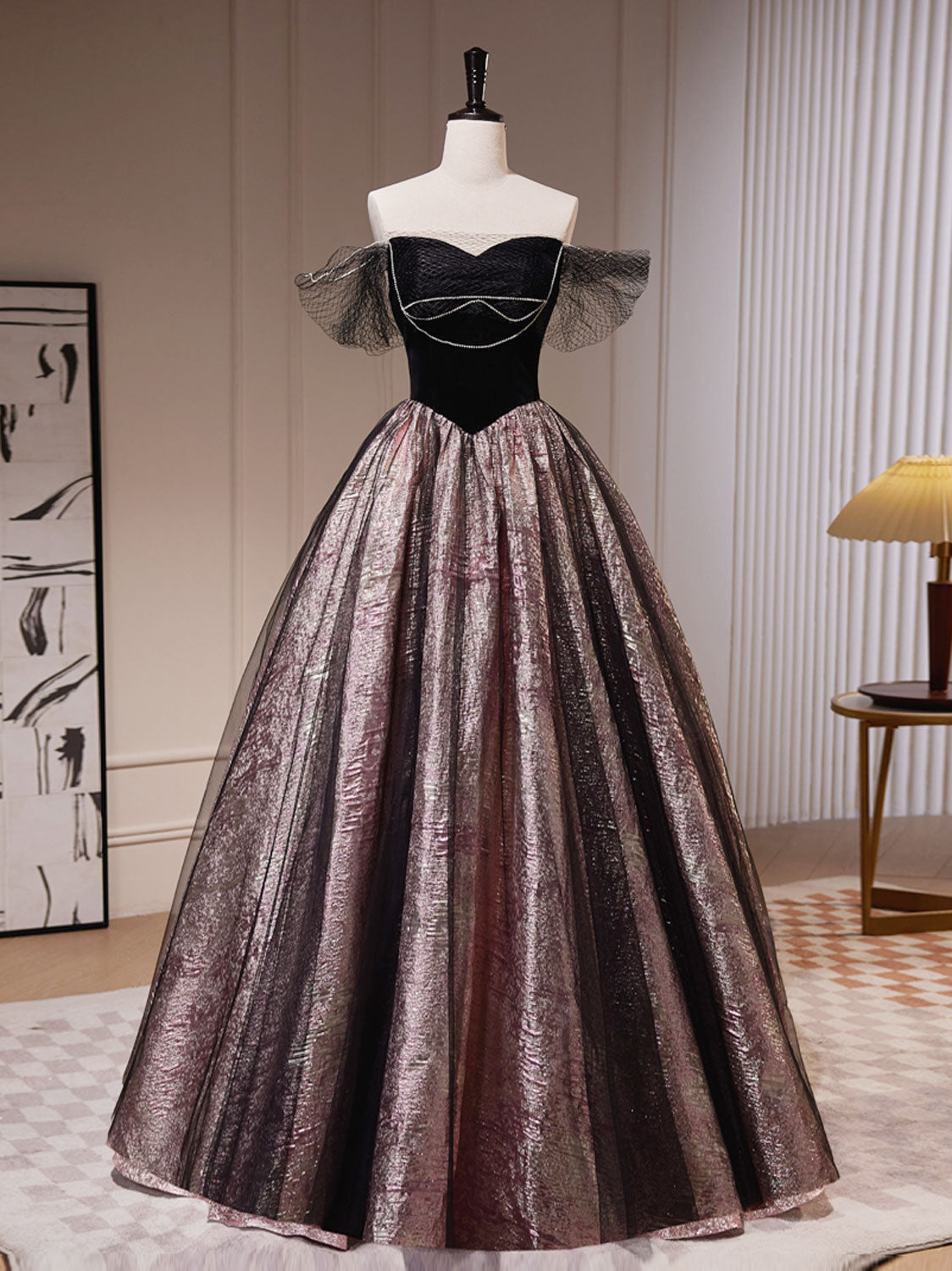 Dressime A-Line Off The Shoulder Satin Tulle Long Party Dress