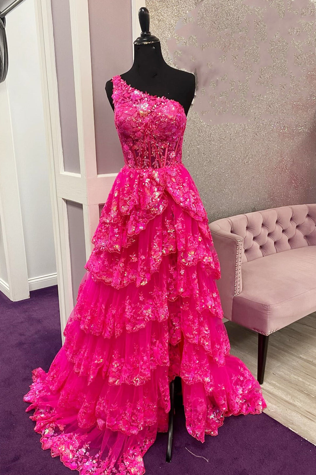 Dressime A Line One Shoulder Tulle Sequin-Embroidery Tiered Prom Dresses with Slit