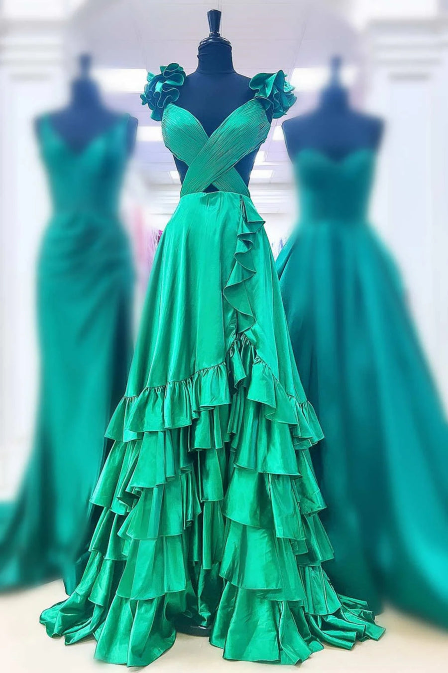 Dressime A Line Ruffled Straps Pleated Tiered Long Prom Dress