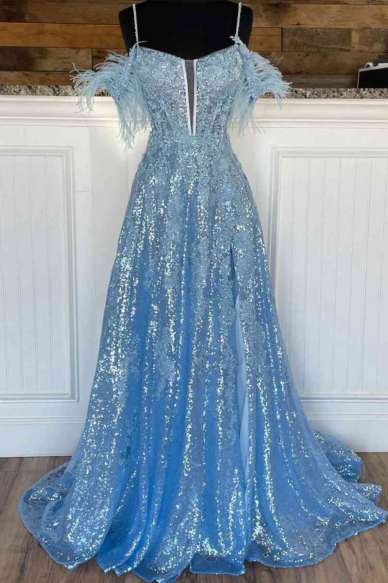Dressime A Line Appliques Slit Long Prom Dresses with Feather dressime Dressime A Line Appliques Slit Long Prom Dresses with Feather dressime