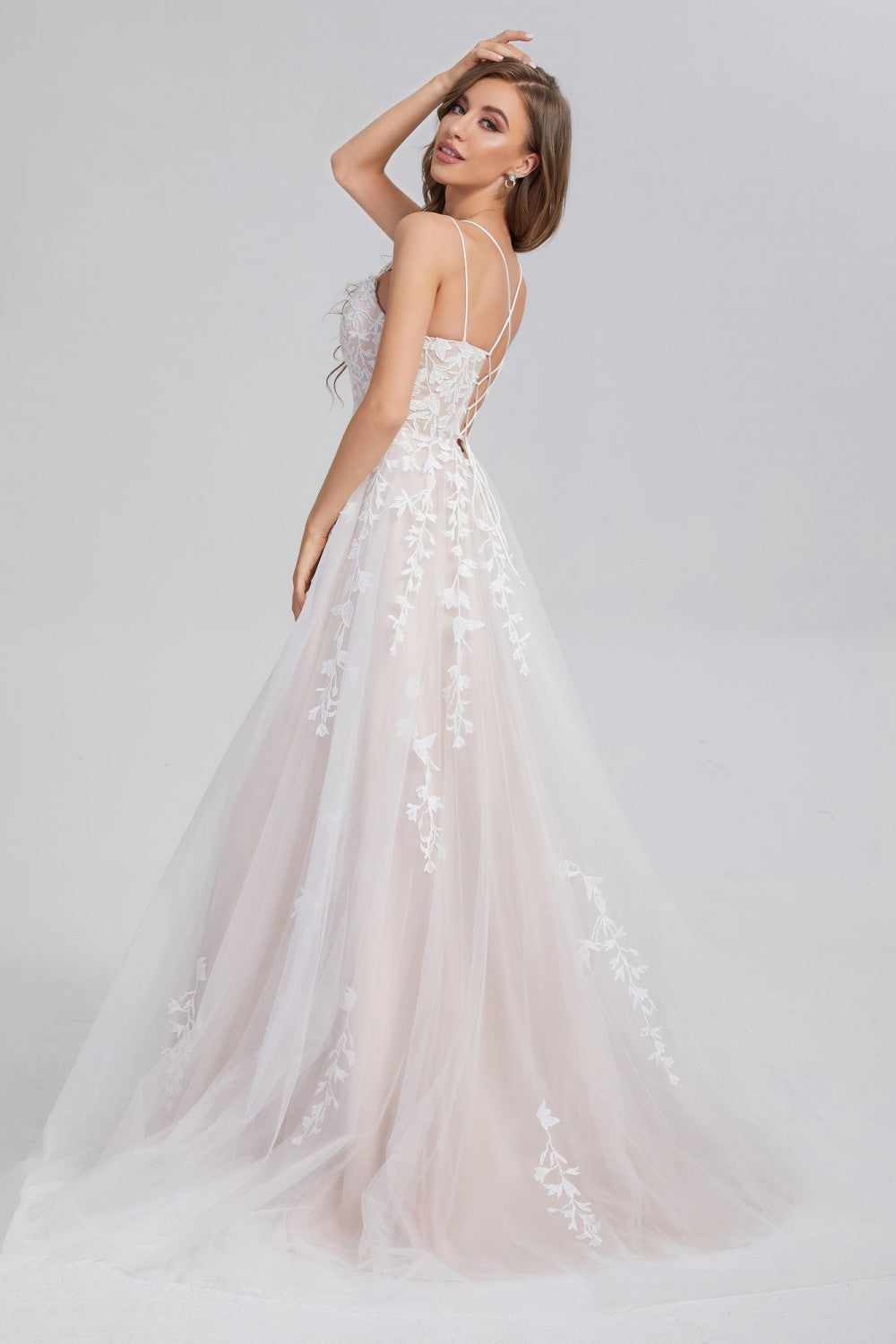 dressimeA Line Appliques Spaghetti Straps Long Prom Dresses
