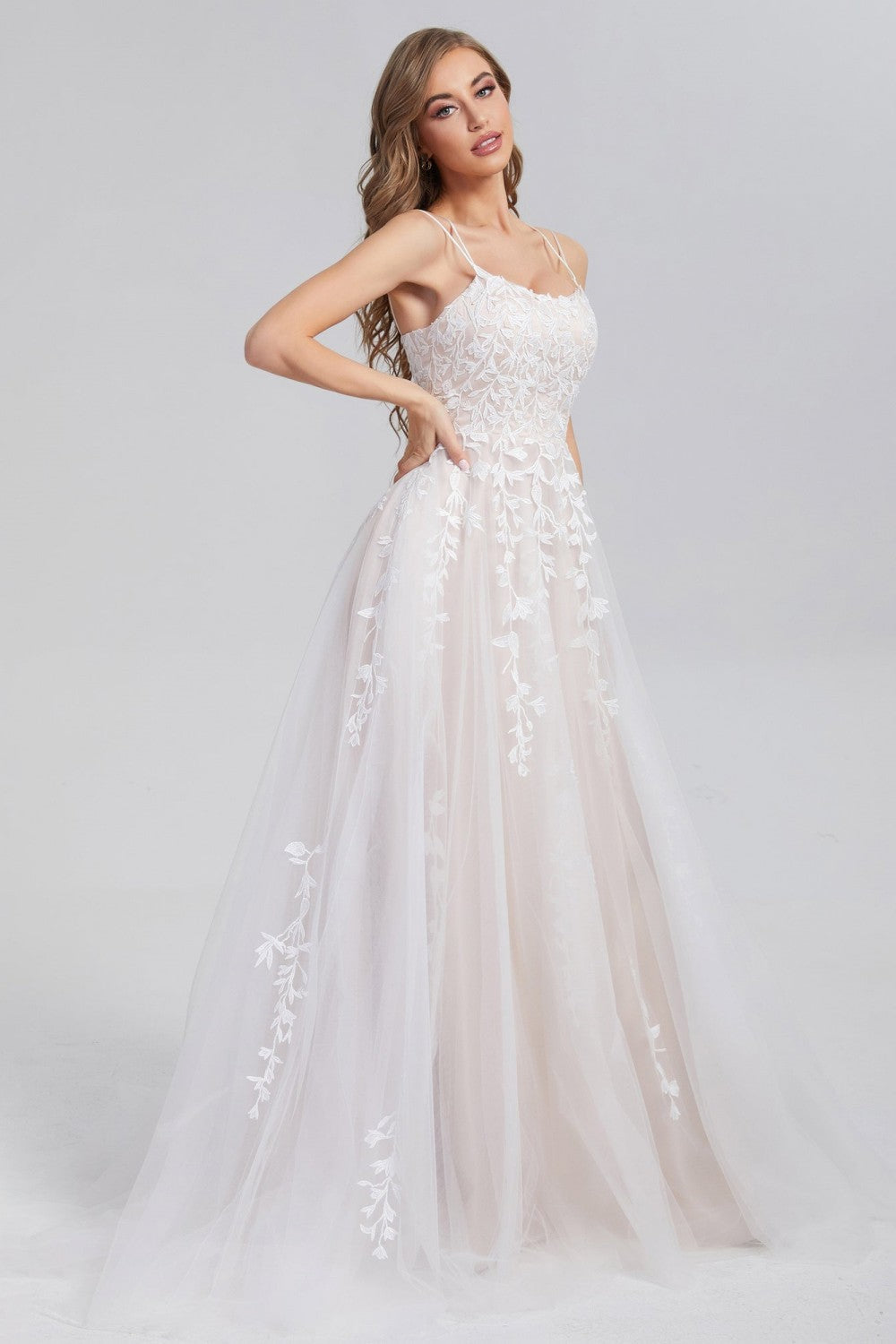 dressimeA Line Appliques Spaghetti Straps Long Prom Dresses