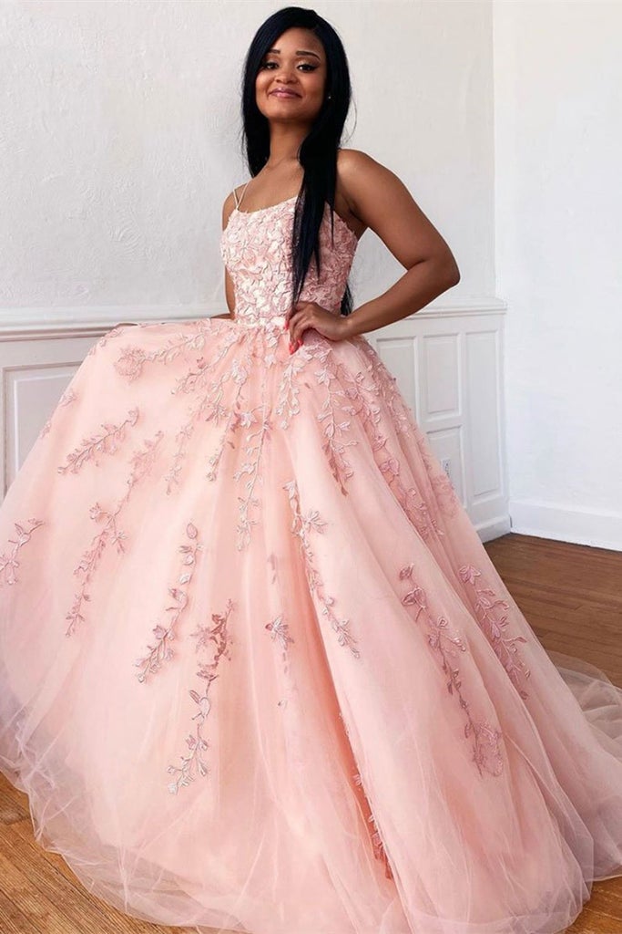 dressimeA Line Appliques Spaghetti Straps Long Prom Dresses