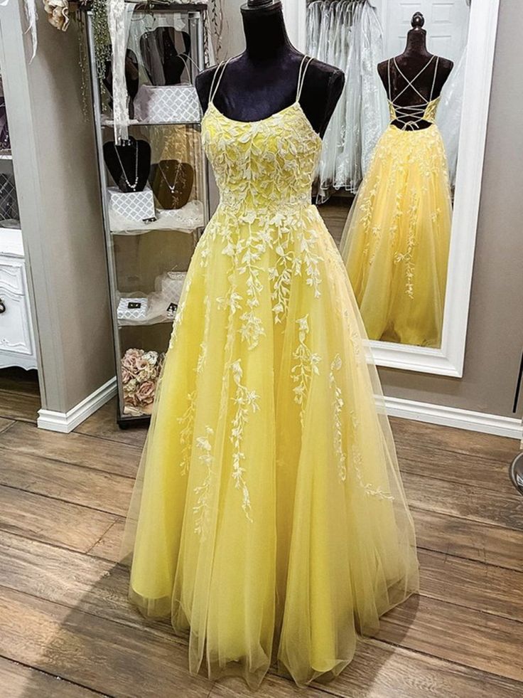 dressimeA Line Appliques Spaghetti Straps Long Prom Dresses