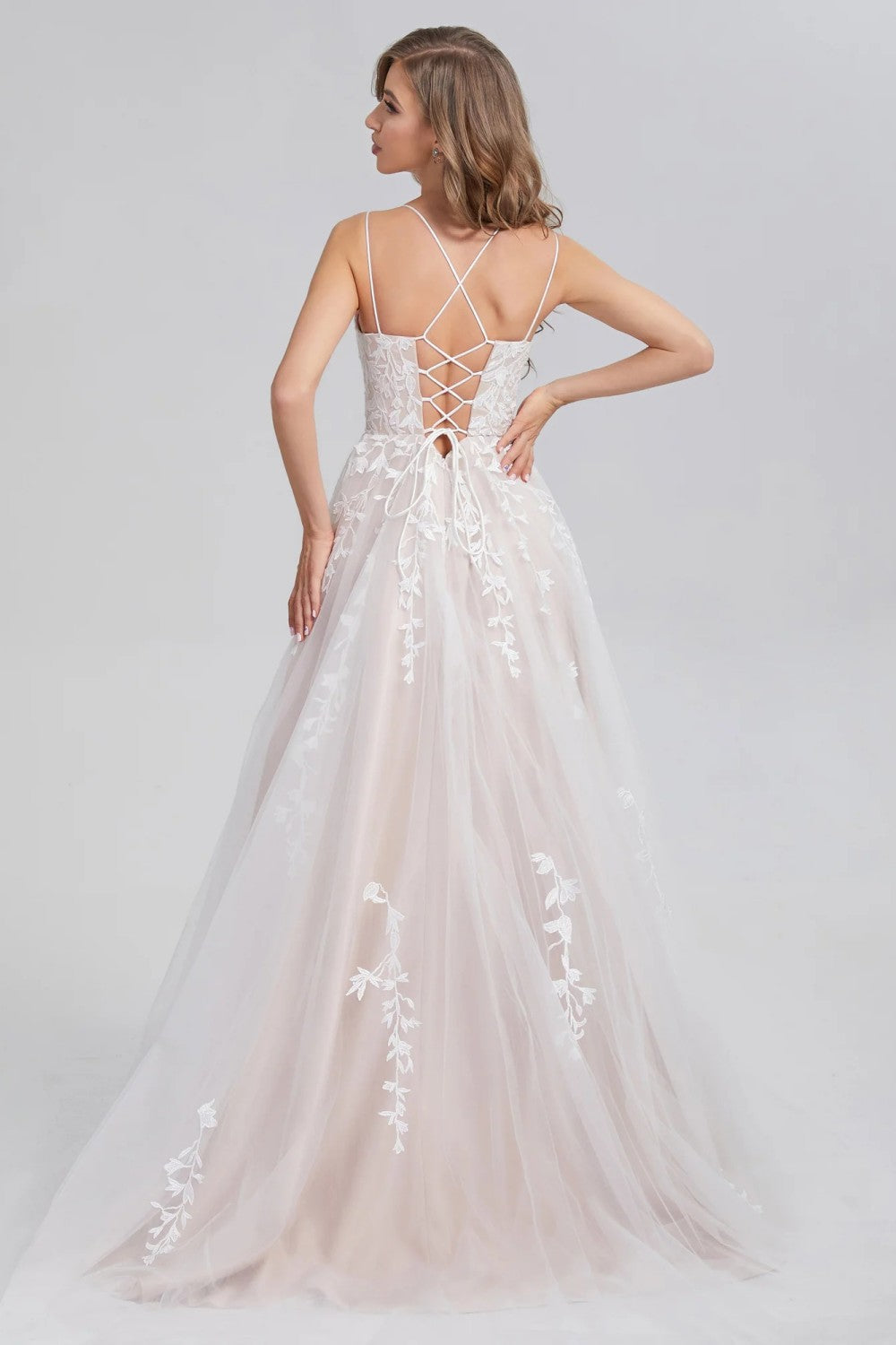 dressimeA Line Appliques Spaghetti Straps Long Prom Dresses