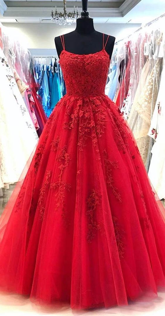 dressimeA Line Appliques Spaghetti Straps Long Prom Dresses