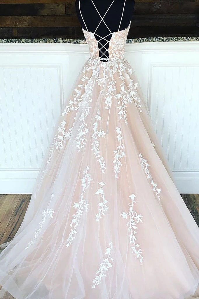 dressimeA Line Appliques Spaghetti Straps Long Prom Dresses
