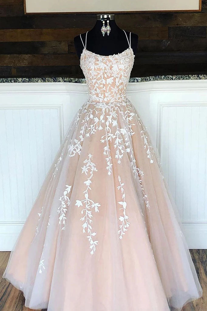 dressimeA Line Appliques Spaghetti Straps Long Prom Dresses