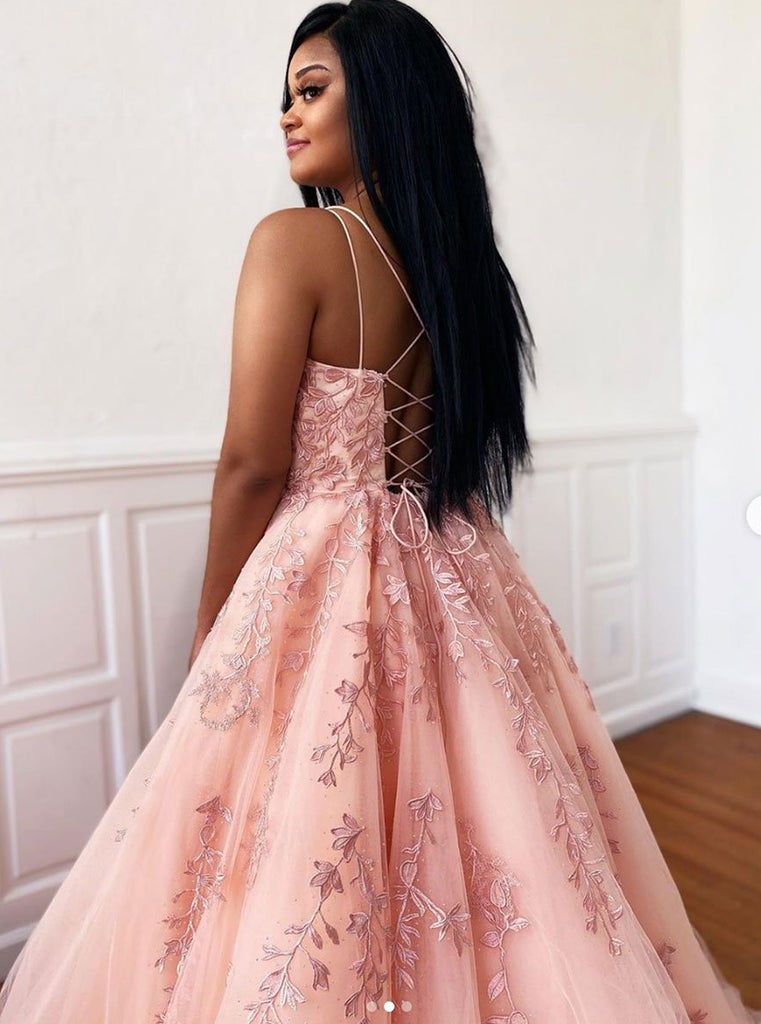 dressimeA Line Appliques Spaghetti Straps Long Prom Dresses