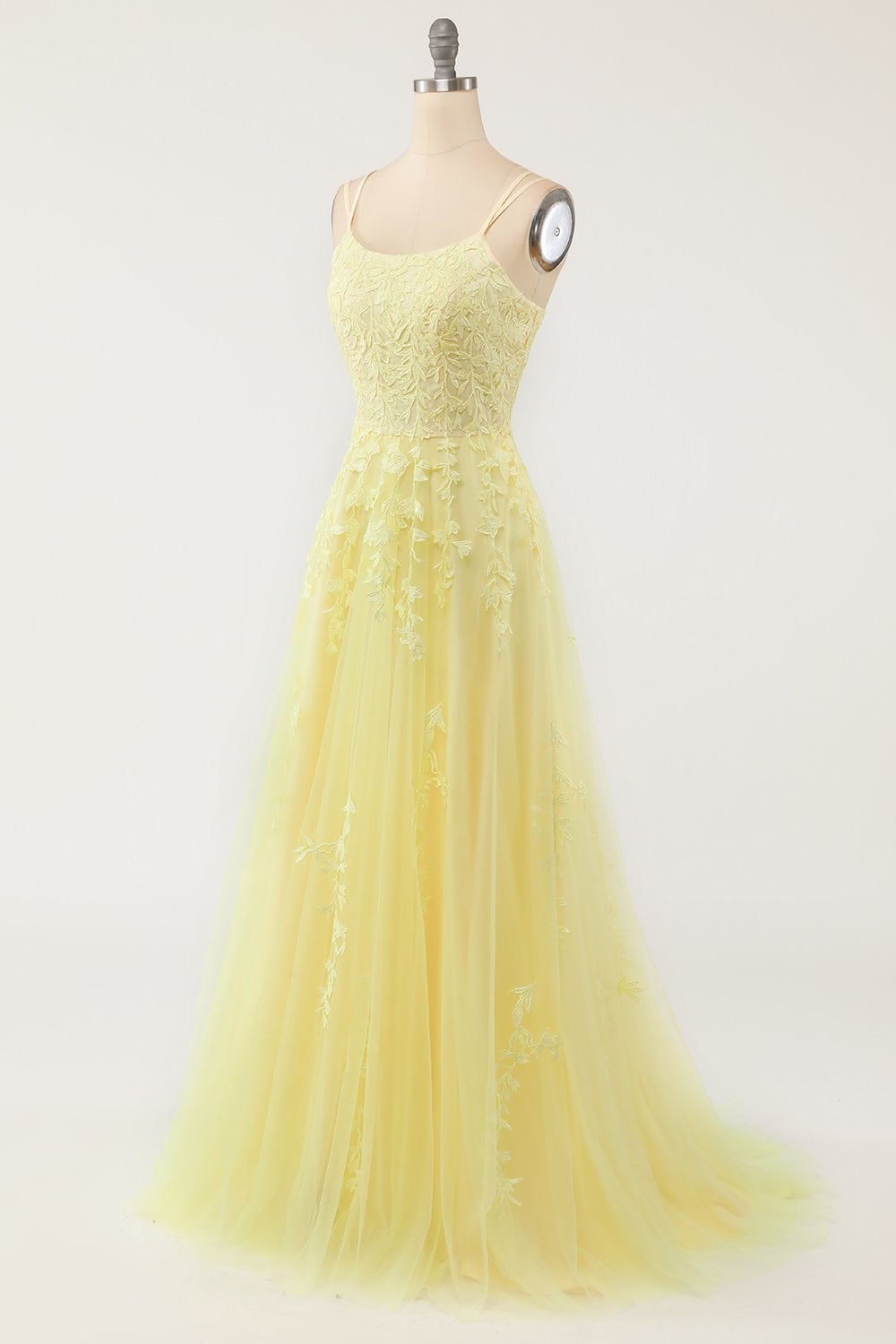 dressimeA Line Appliques Spaghetti Straps Long Prom Dresses