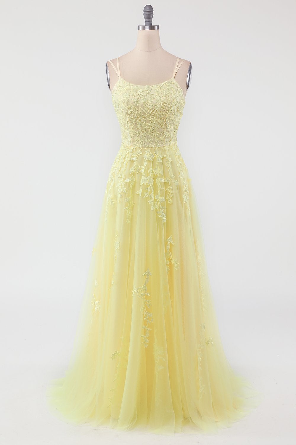 dressimeA Line Appliques Spaghetti Straps Long Prom Dresses