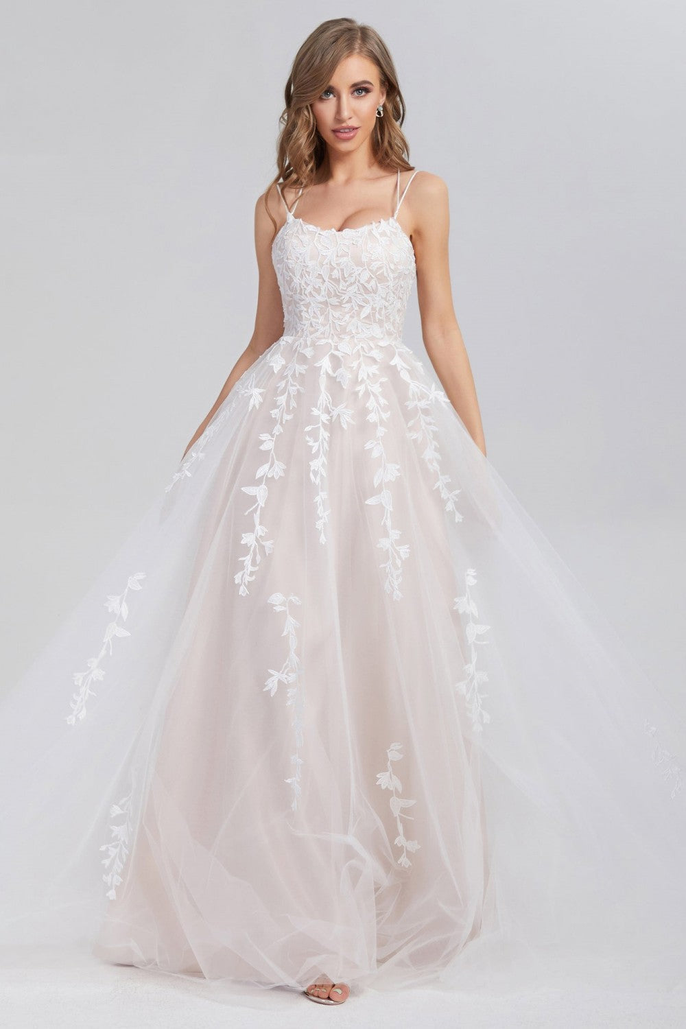 dressimeA Line Appliques Spaghetti Straps Long Prom Dresses