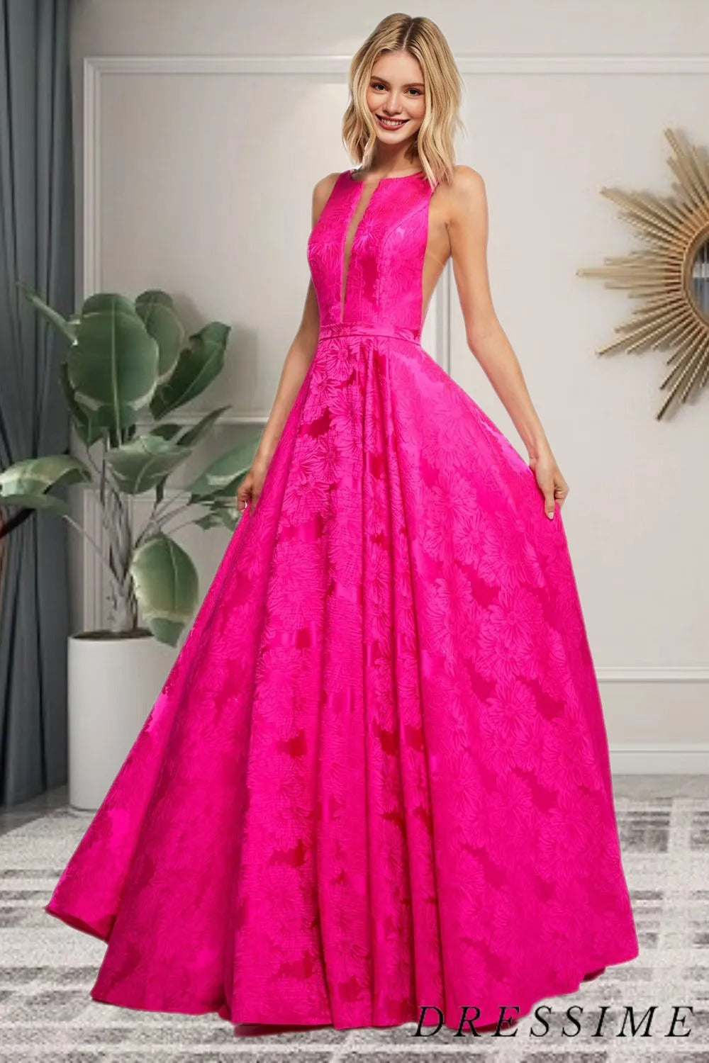 Dressime A Line Bateau Sleeveless Floral Satin Prom Dress dressime