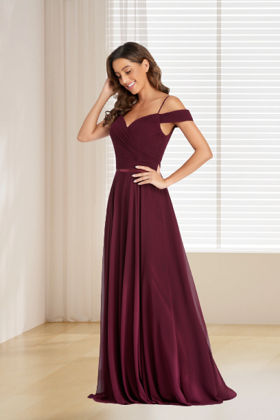 dressimeA Line Burgundy Off the Shoulder Floor Length Bridesmaid Dresses