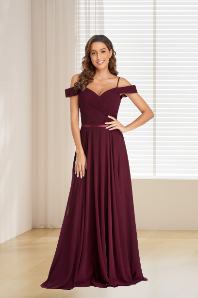 dressimeA Line Burgundy Off the Shoulder Floor Length Bridesmaid Dresses