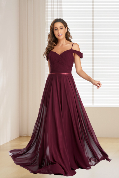 dressimeA Line Burgundy Off the Shoulder Floor Length Bridesmaid Dresses