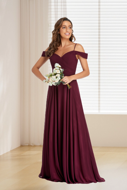 dressimeA Line Burgundy Off the Shoulder Floor Length Bridesmaid Dresses