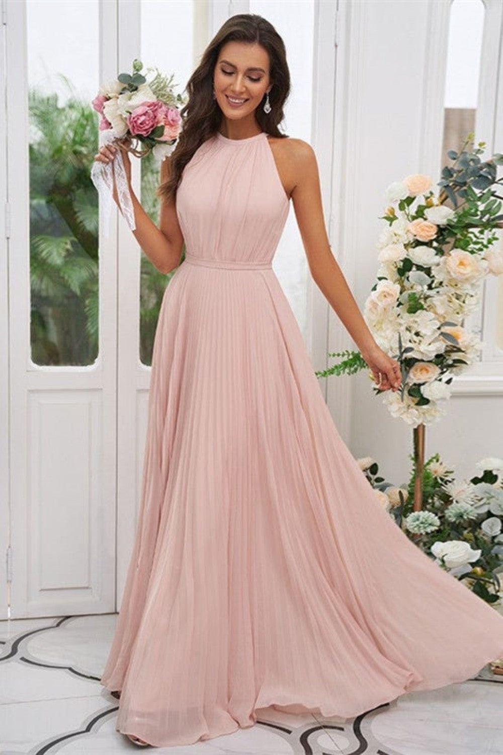 Dressime A Line Chiffon Halter Ruched Bodice Bridesmaid Dresses dressime Dressime A Line Chiffon Halter Ruched Bodice Bridesmaid Dresses dressime