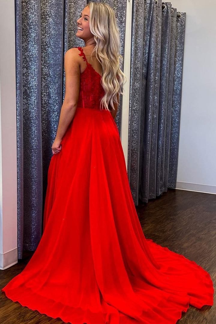 dressimeA Line Chiffon Off The Shoulder Strpas Prom Dresses With Slit