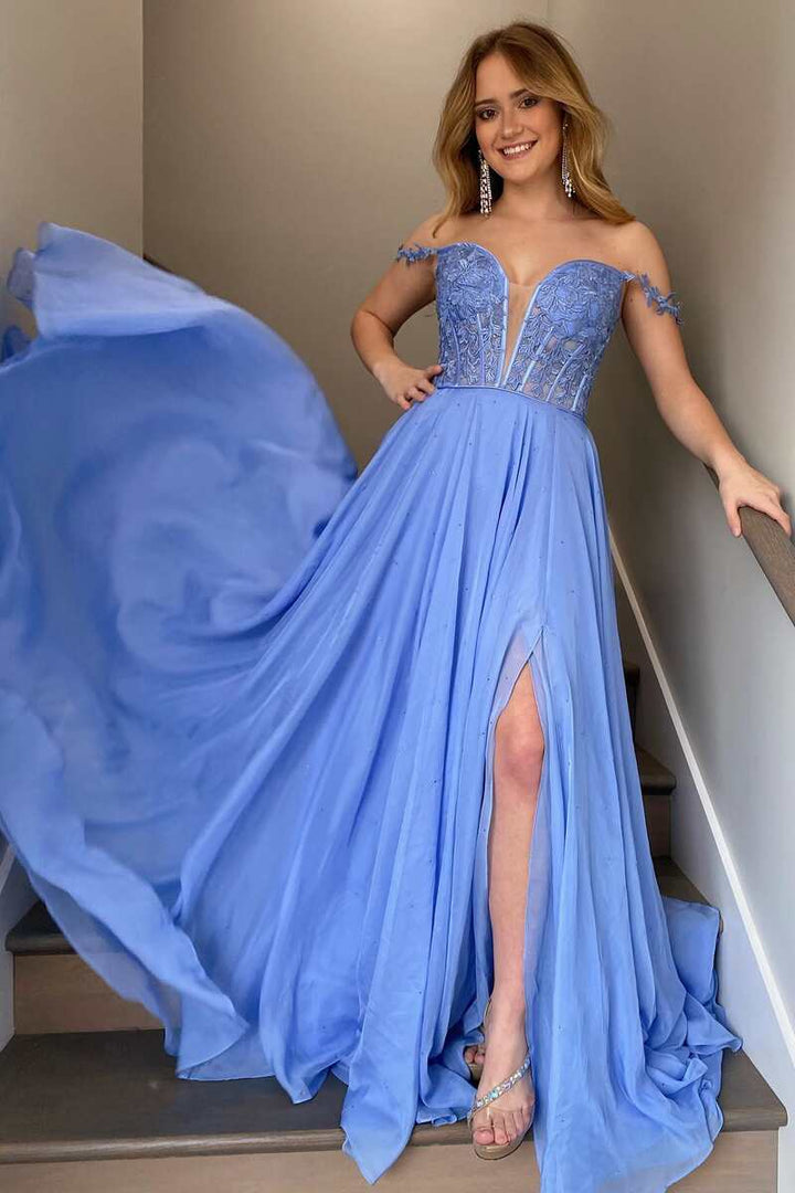 dressimeA Line Chiffon Off The Shoulder Strpas Prom Dresses With Slit
