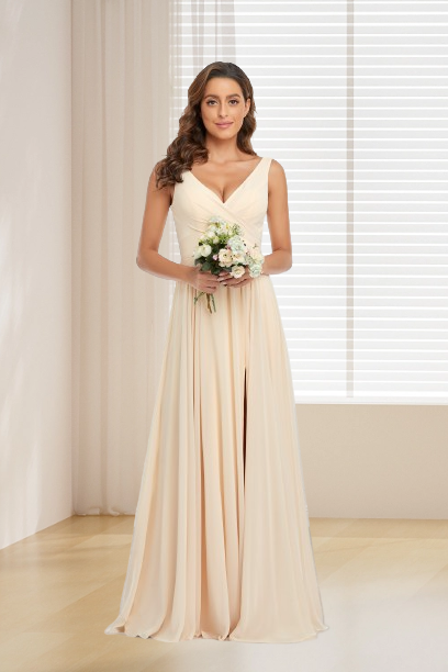dressimeA Line Chiffon Straps V Neck Long Bridesmaid Dresses With Slit