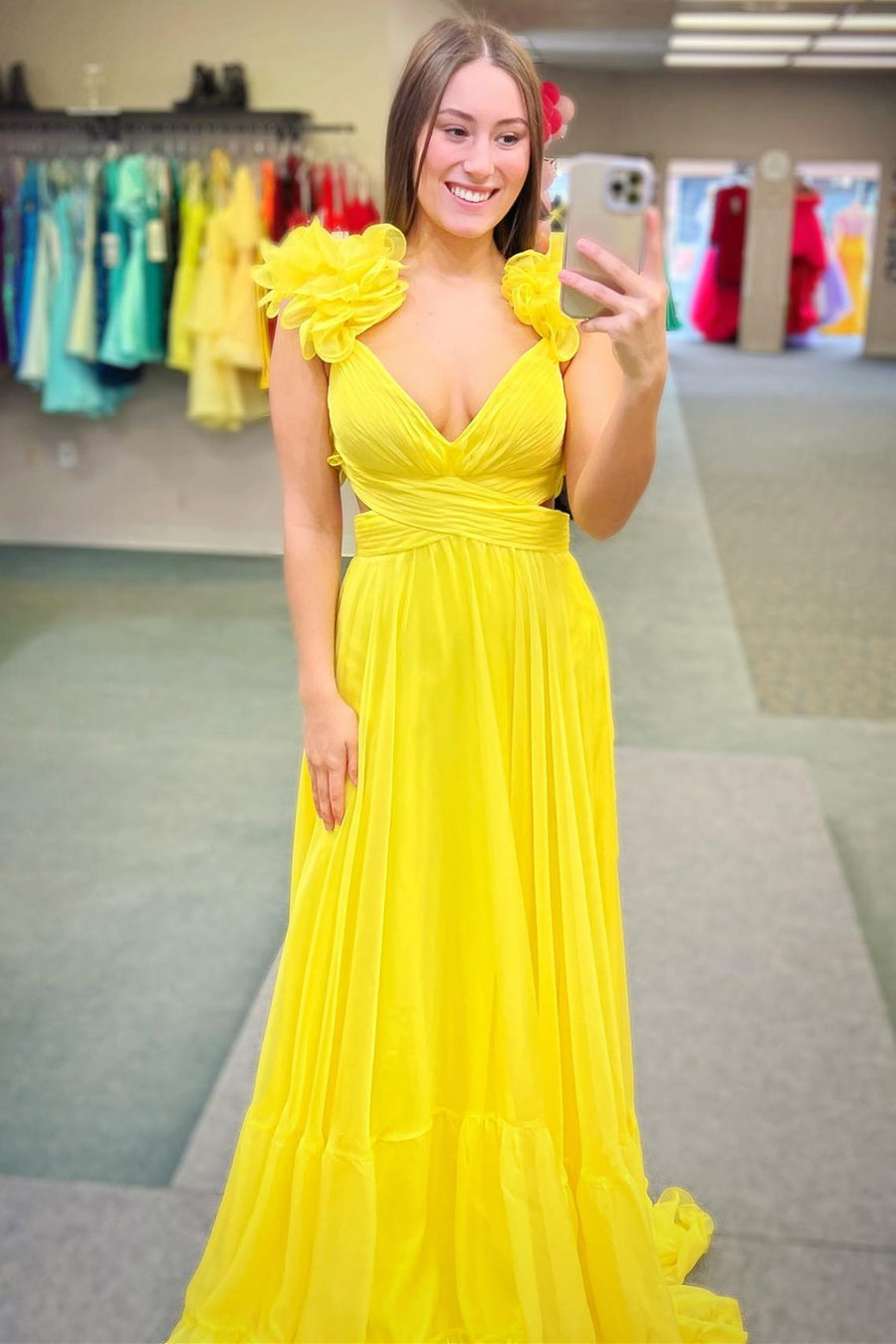 dressimeA-Line Chiffon V-Neck Ruffled Straps Prom Dress