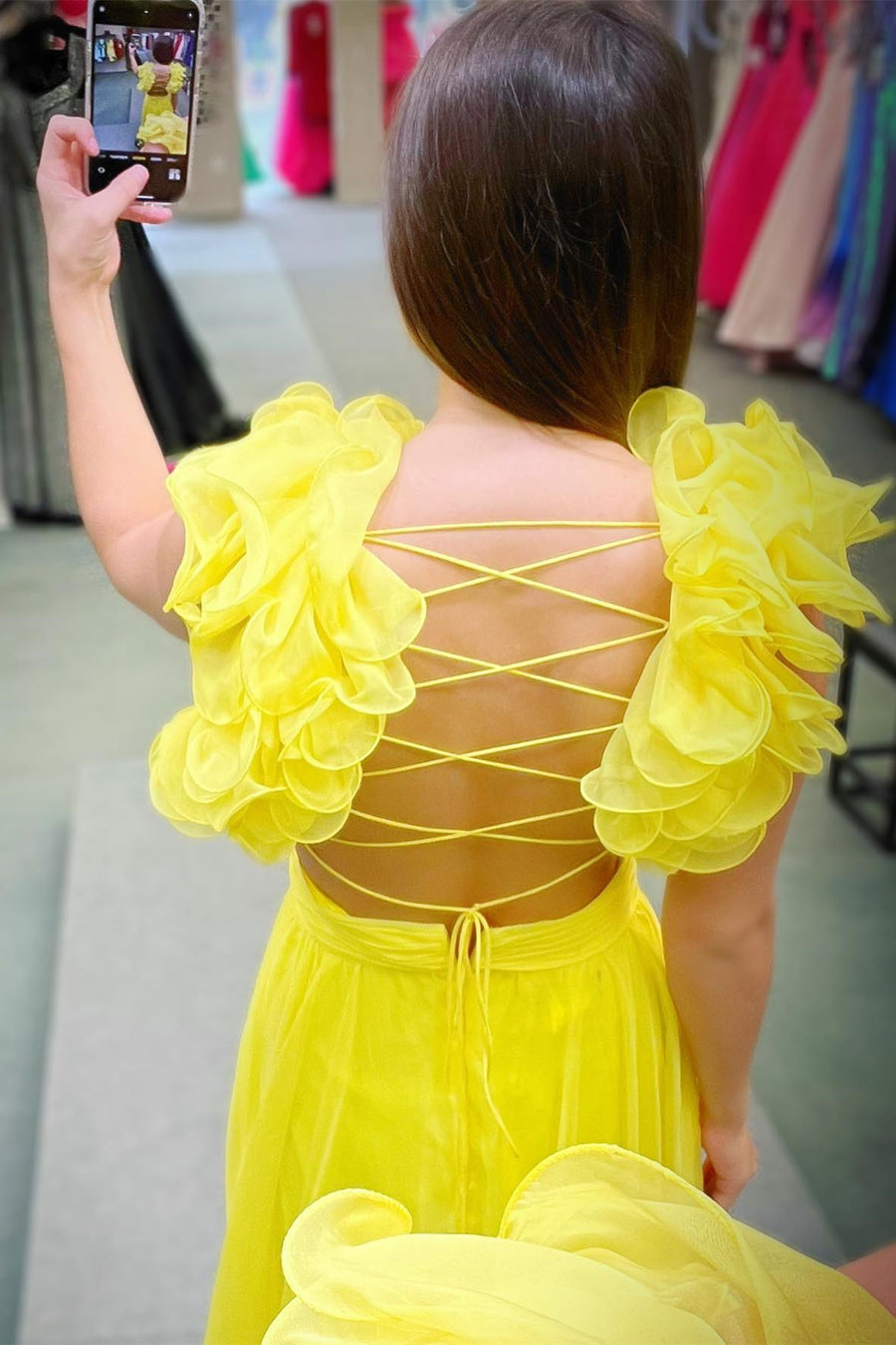 dressimeA-Line Chiffon V-Neck Ruffled Straps Prom Dress