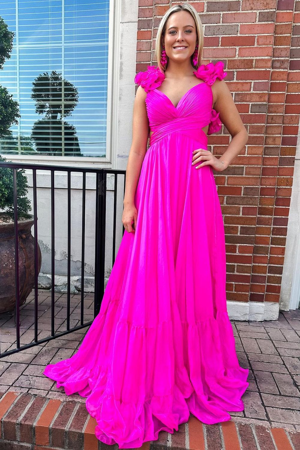 dressimeA-Line Chiffon V-Neck Ruffled Straps Prom Dress