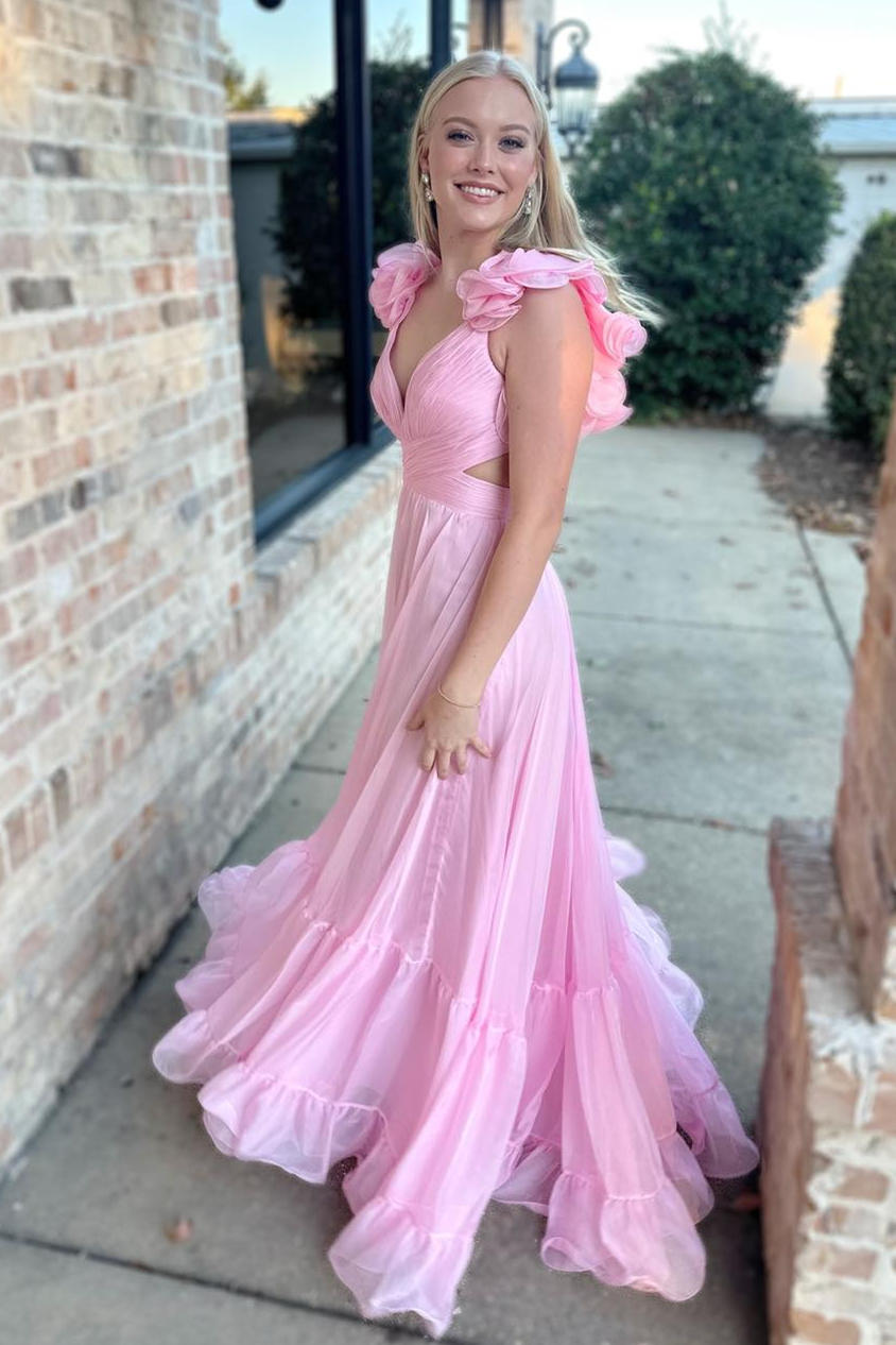 dressimeA-Line Chiffon V-Neck Ruffled Straps Prom Dress