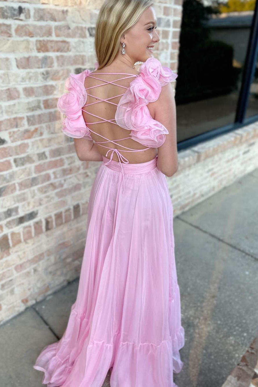 dressimeA-Line Chiffon V-Neck Ruffled Straps Prom Dress
