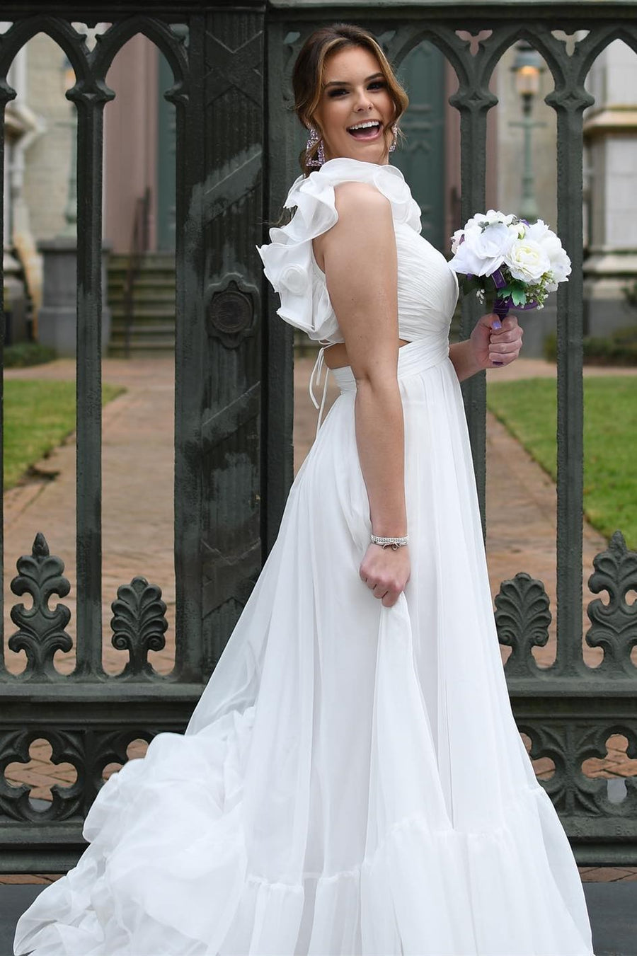 dressimeA-Line Chiffon V-Neck Ruffled Straps Prom Dress