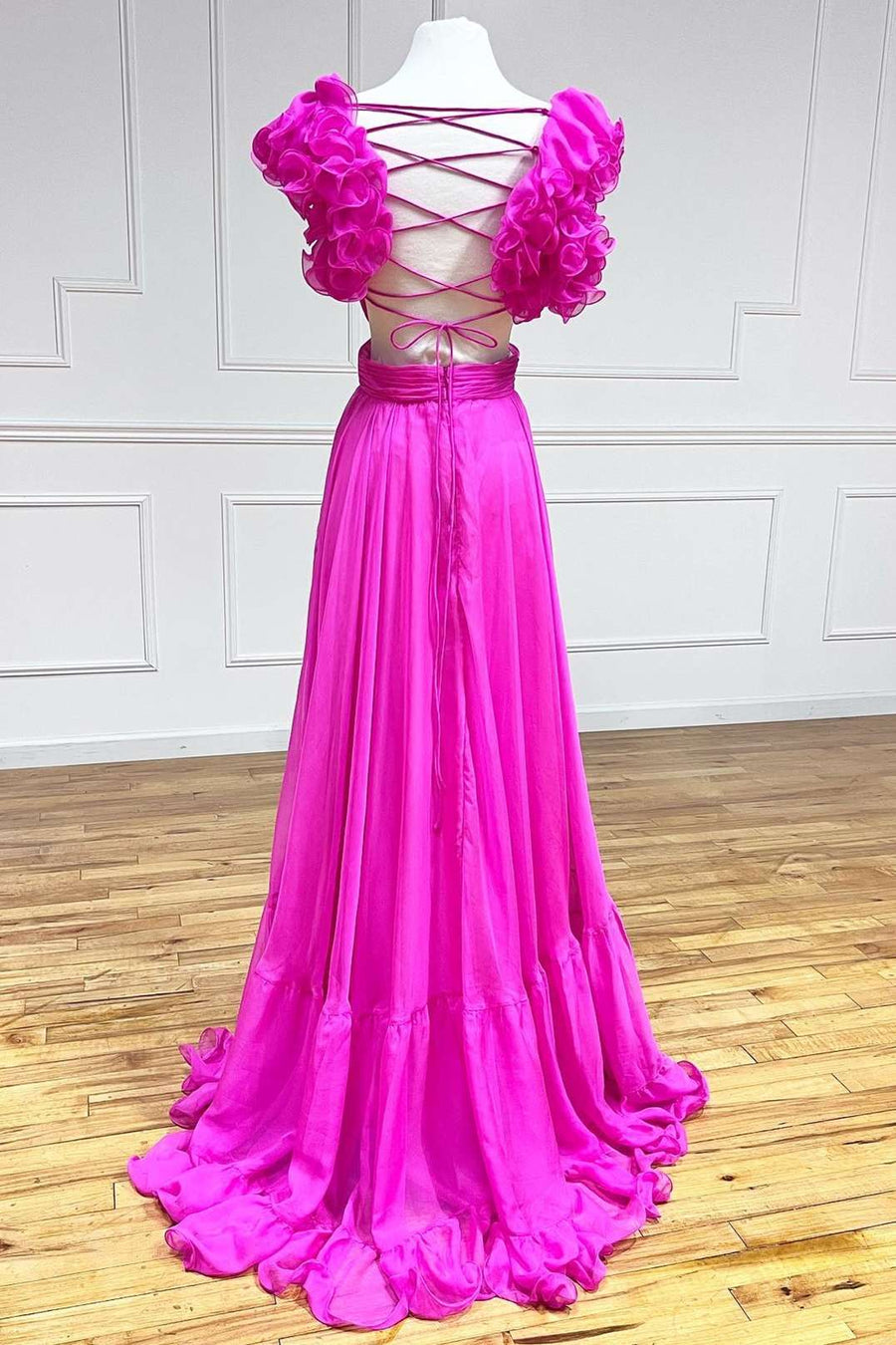 dressimeA-Line Chiffon V-Neck Ruffled Straps Prom Dress