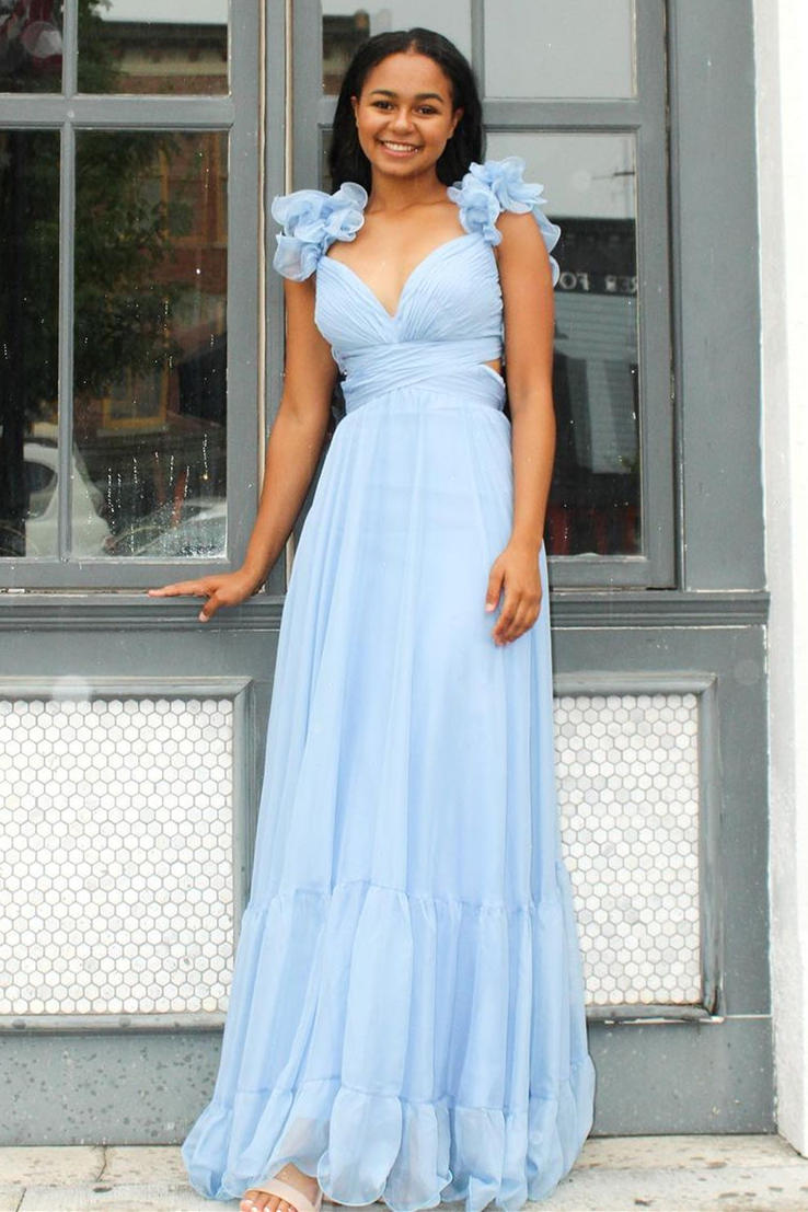 dressimeA-Line Chiffon V-Neck Ruffled Straps Prom Dress