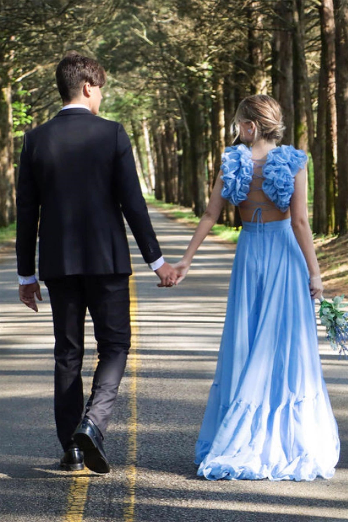 Dressime A-Line Chiffon V-Neck Ruffled Straps Prom Dress dressime