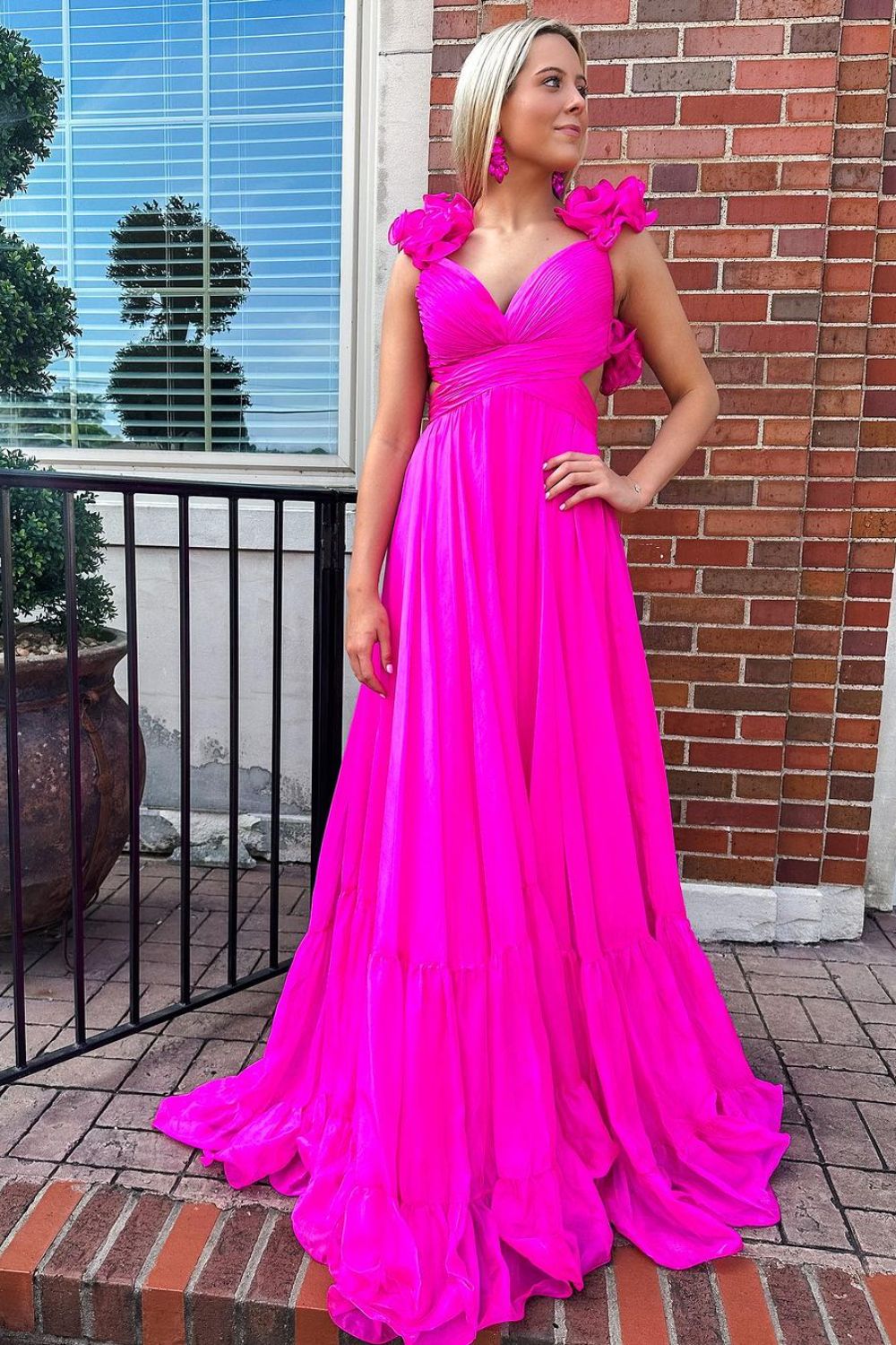 dressimeA-Line Chiffon V-Neck Ruffled Straps Prom Dress