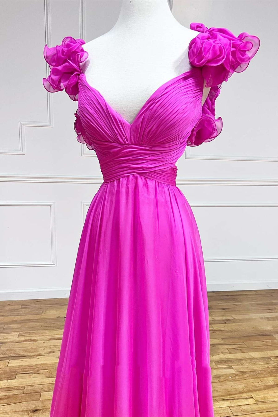 dressimeA-Line Chiffon V-Neck Ruffled Straps Prom Dress