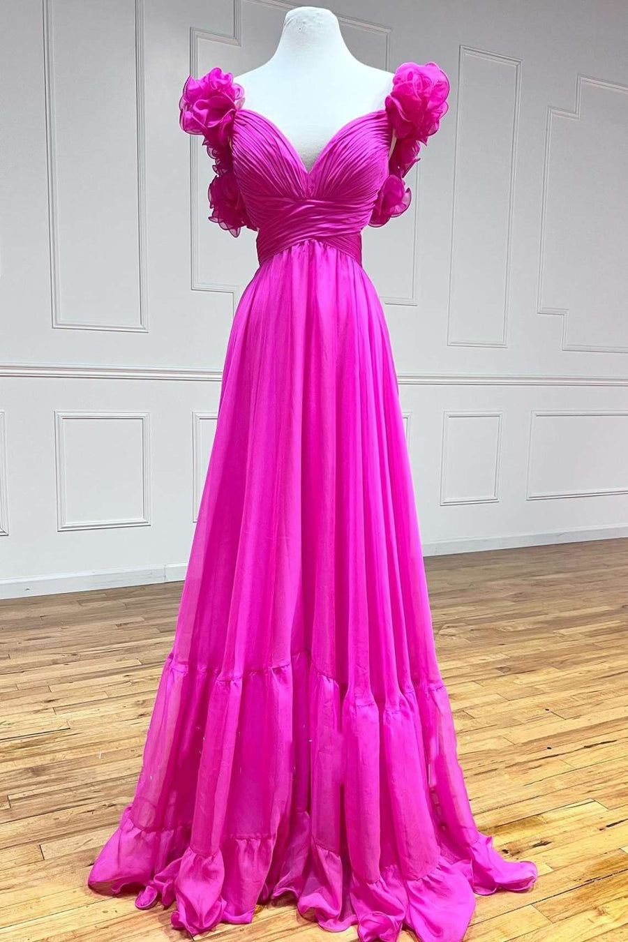 dressimeA-Line Chiffon V-Neck Ruffled Straps Prom Dress