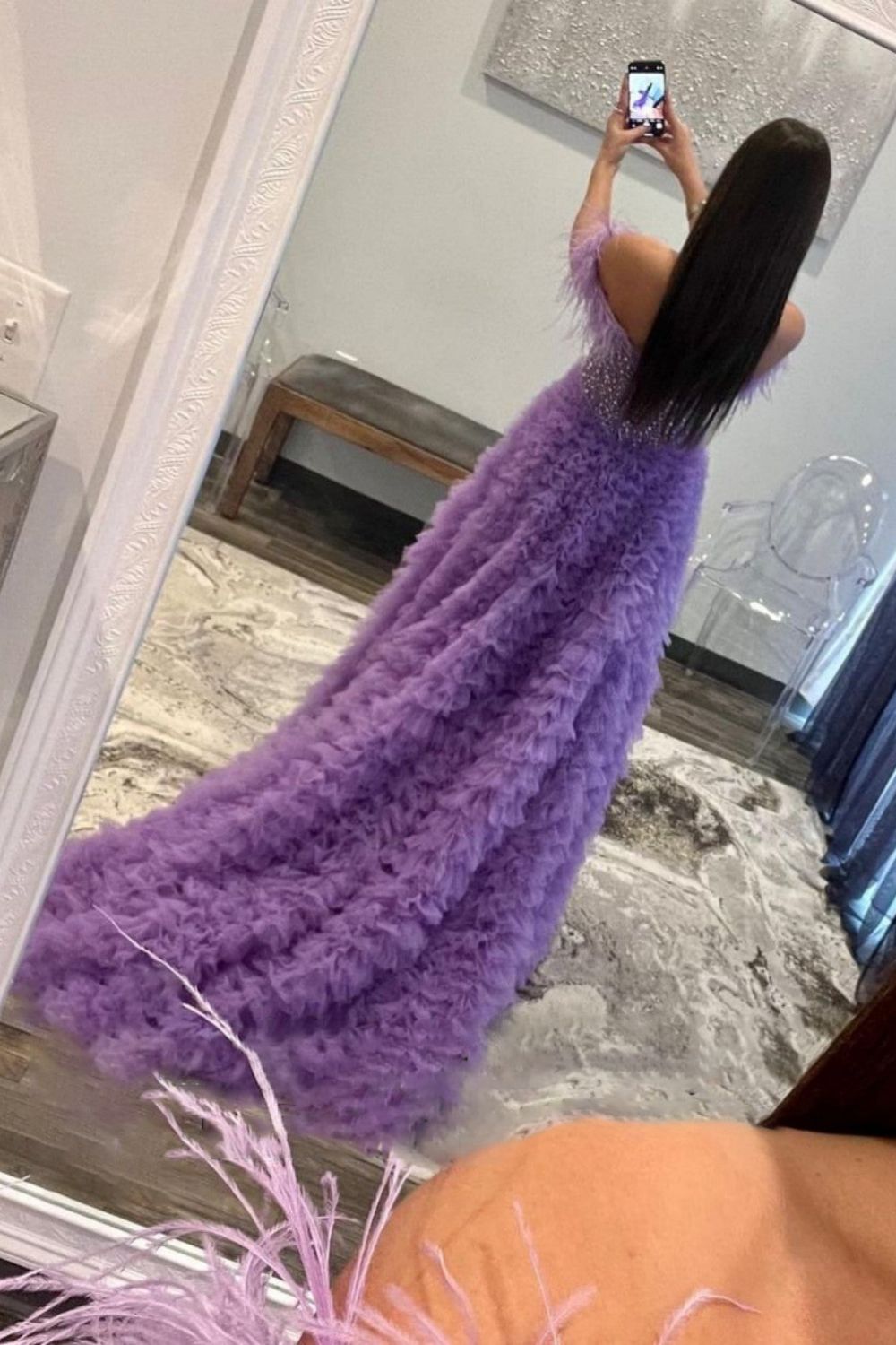 Dressime A Line Custom-Made Long Off the Shoulder Sweetheart Tiered Prom Dresses with Split dressime