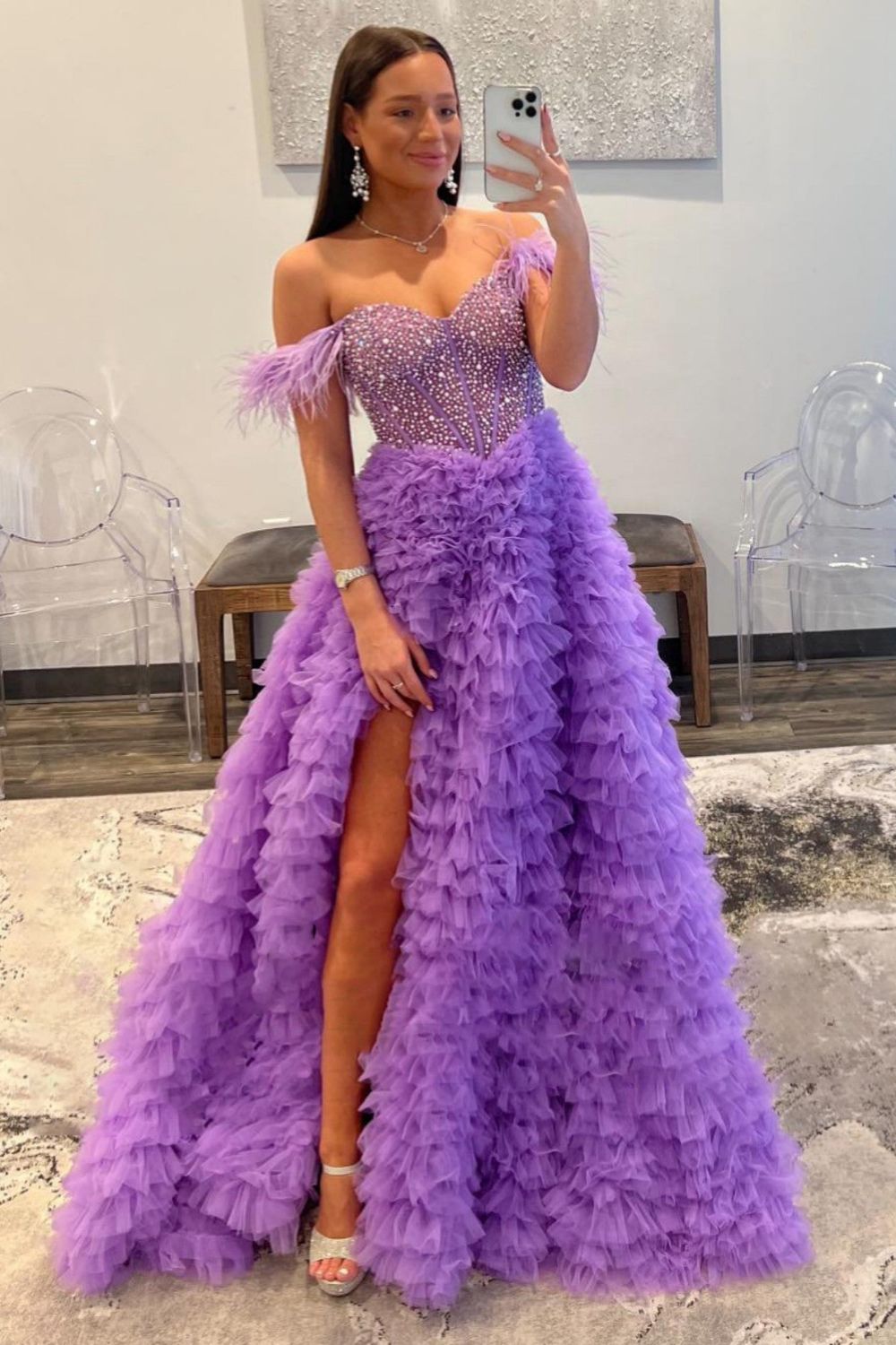 Dressime A Line Custom-Made Long Off the Shoulder Sweetheart Tiered Prom Dresses with Split dressime