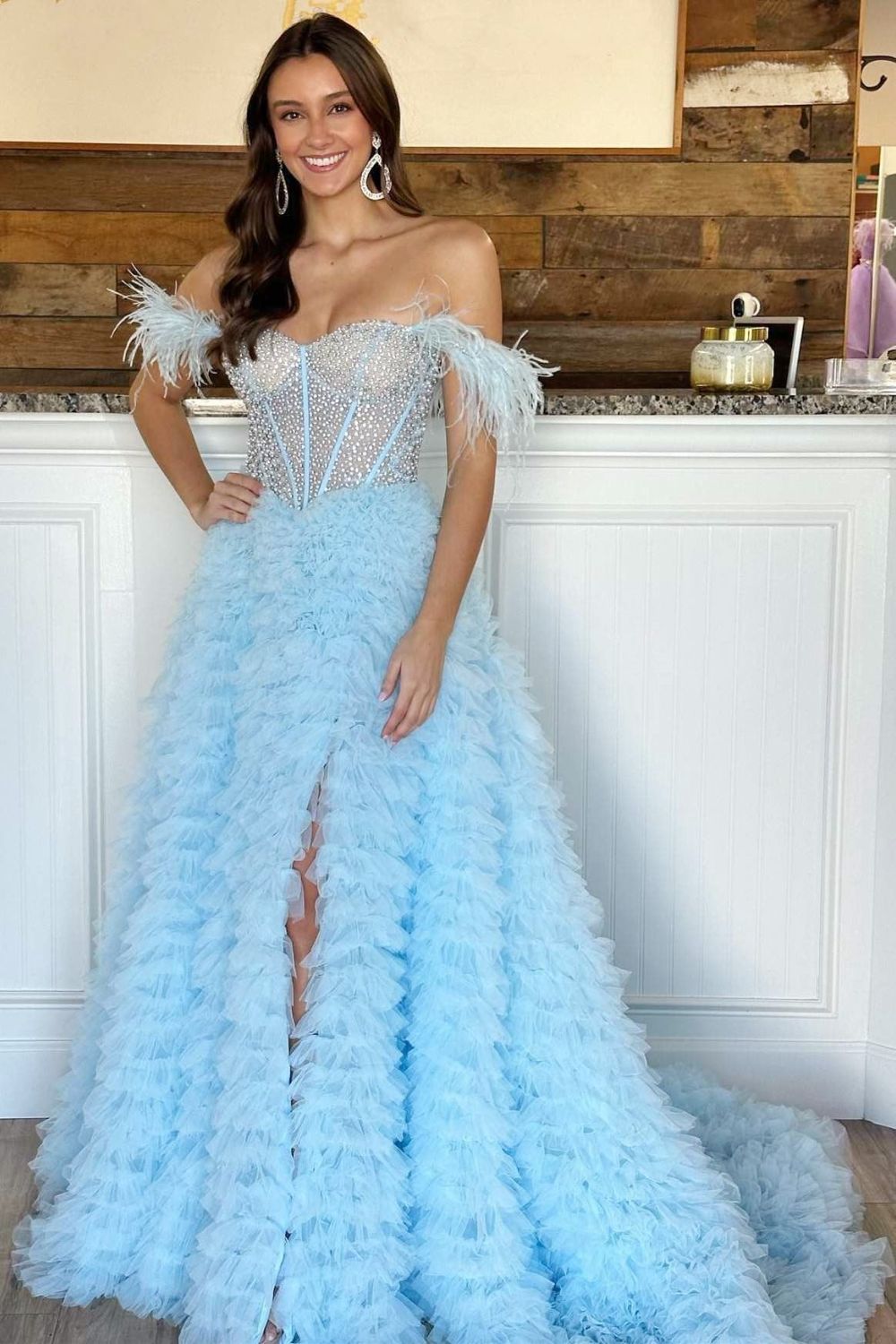 Dressime A Line Custom-Made Long Off the Shoulder Sweetheart Tiered Prom Dresses with Split dressime
