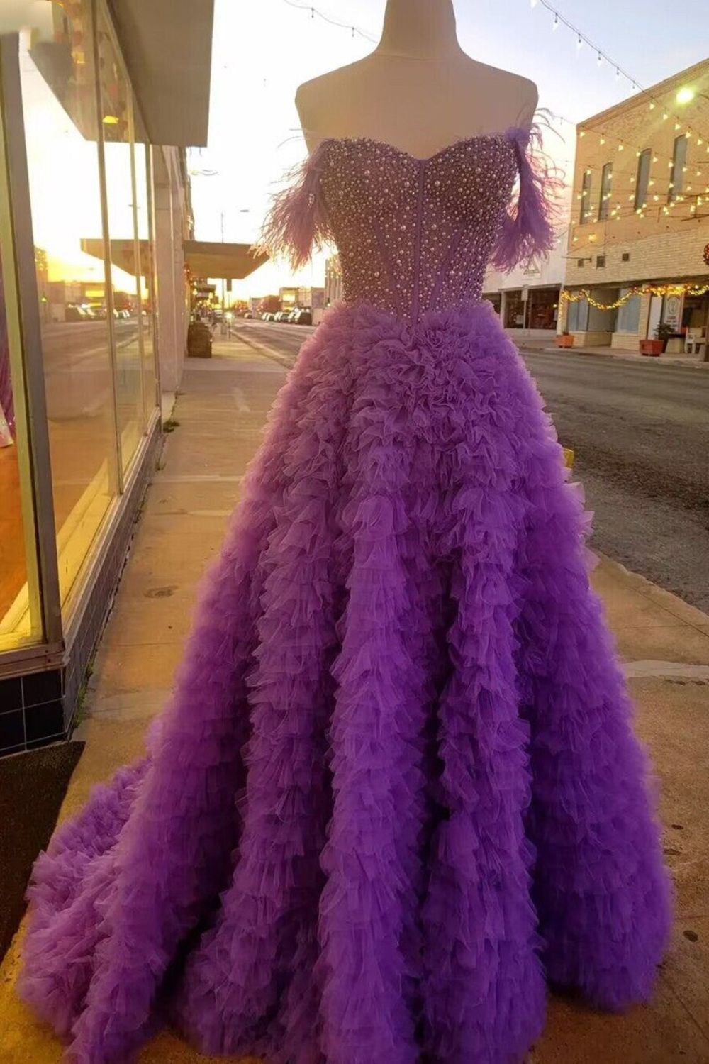 Dressime A Line Custom-Made Long Off the Shoulder Sweetheart Tiered Prom Dresses with Split dressime