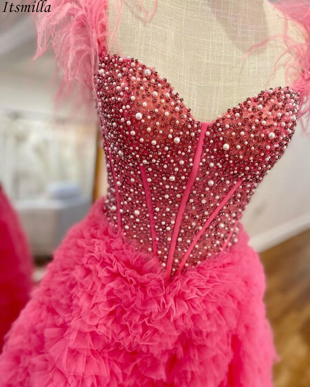 Dressime A Line Custom-Made Long Off the Shoulder Sweetheart Tiered Prom Dresses with Split dressime