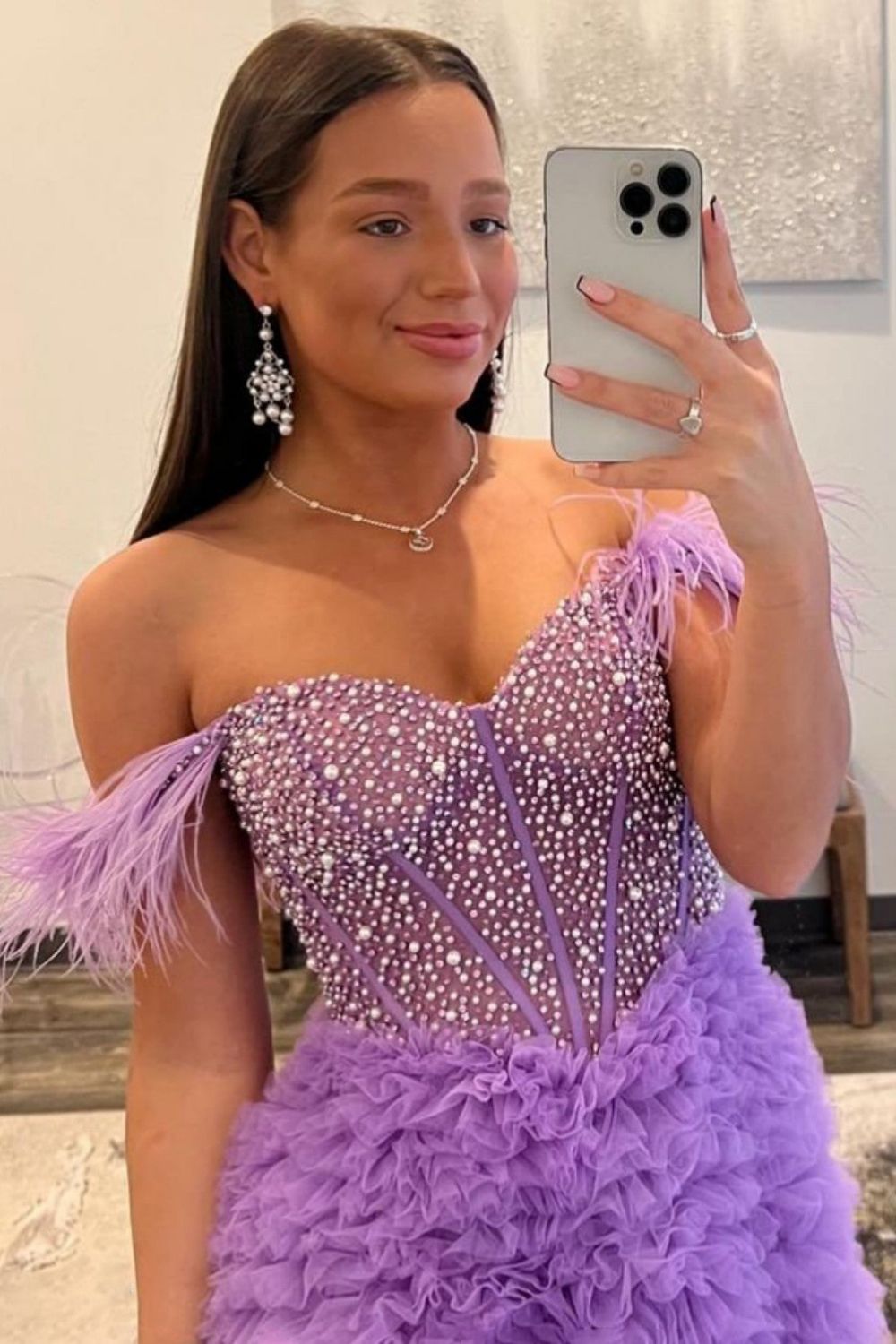 Dressime A Line Custom-Made Long Off the Shoulder Sweetheart Tiered Prom Dresses with Split dressime