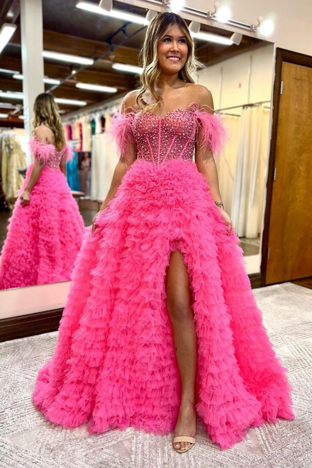 Dressime A Line Custom-Made Long Off the Shoulder Sweetheart Tiered Prom Dresses with Split dressime