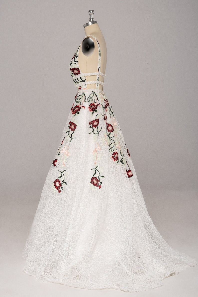 dressimeA Line Elegant V Neck Lace Prom Dresses Backless With Floral