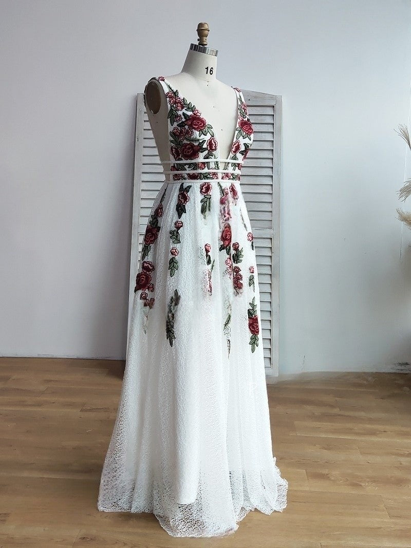 dressimeA Line Elegant V Neck Lace Prom Dresses Backless With Floral