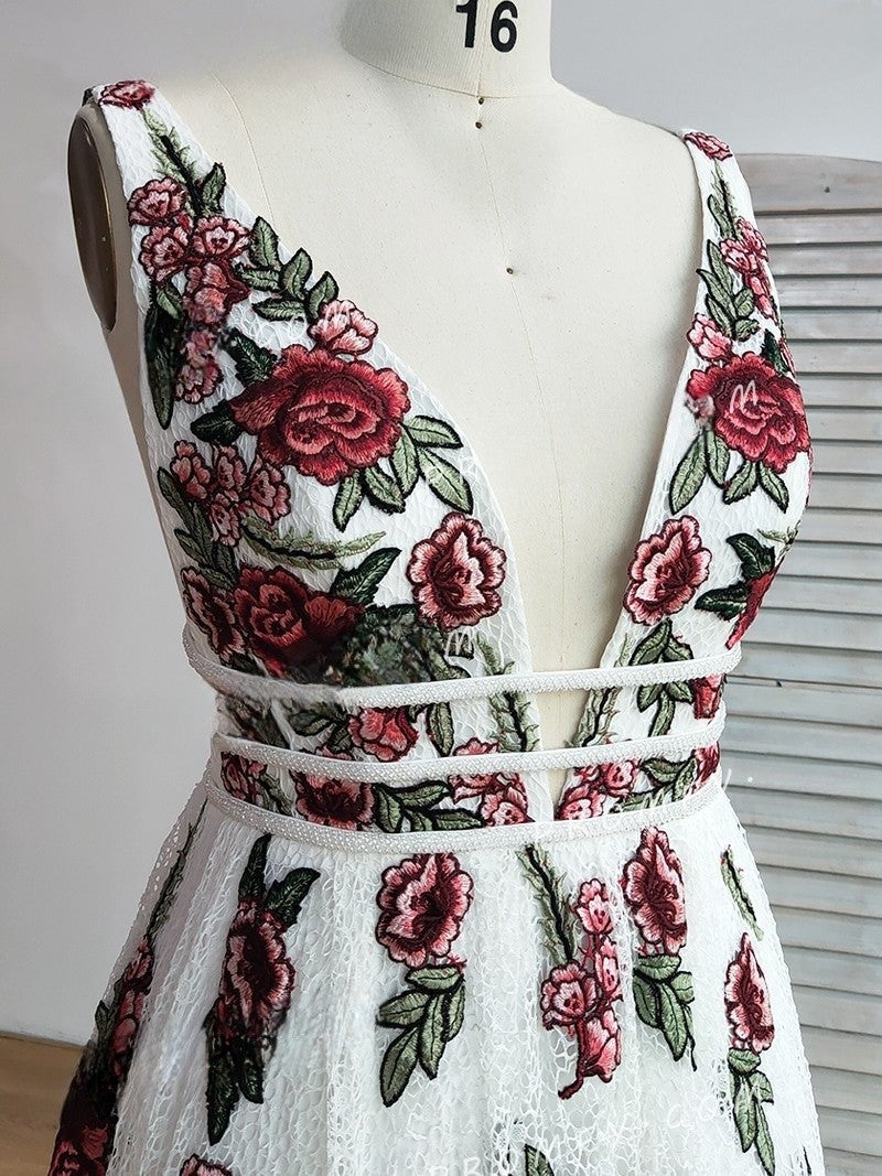dressimeA Line Elegant V Neck Lace Prom Dresses Backless With Floral
