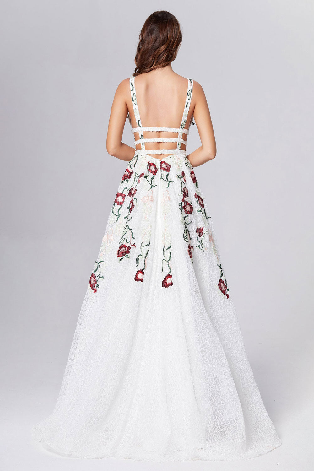 dressimeA Line Elegant V Neck Lace Prom Dresses Backless With Floral