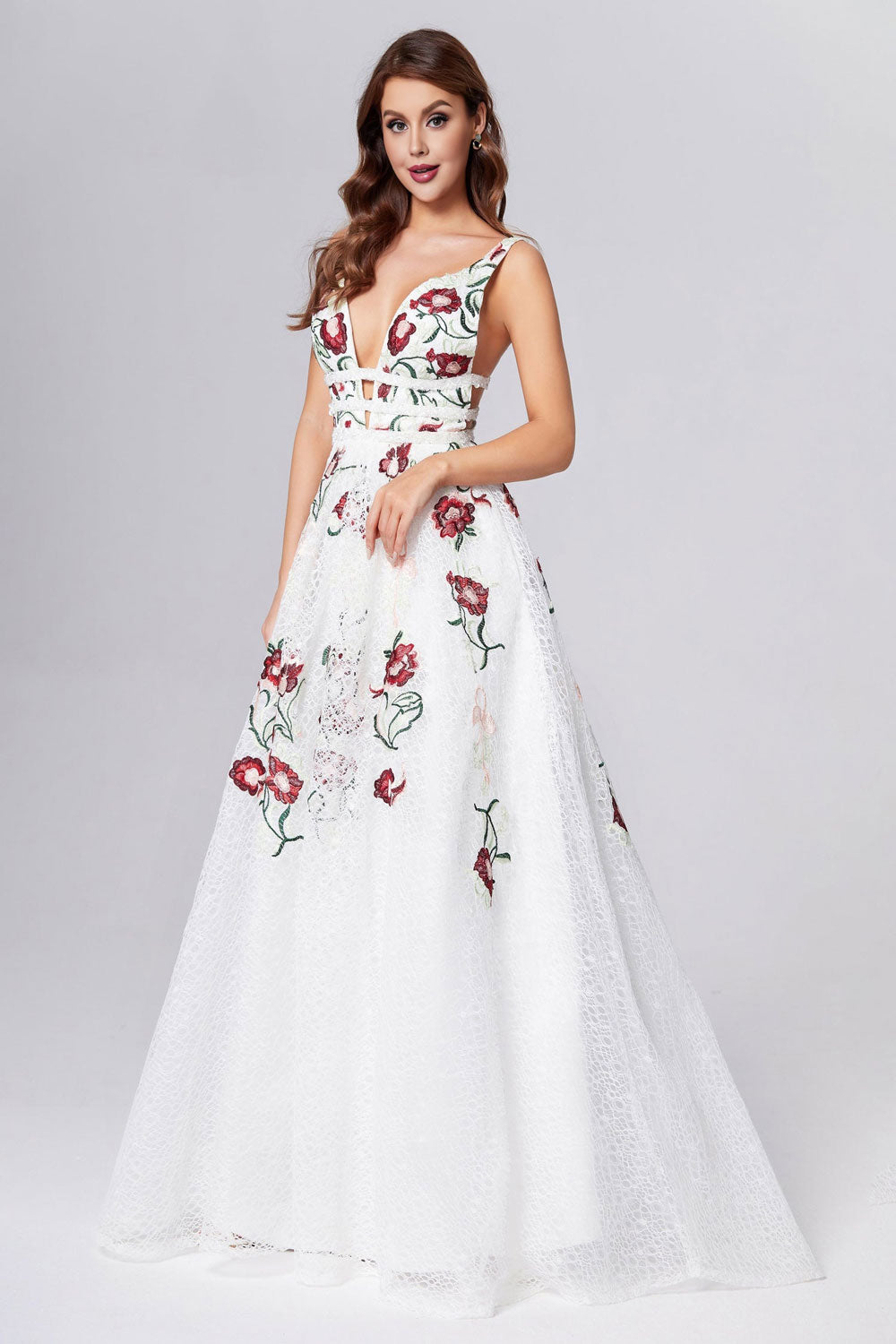 dressimeA Line Elegant V Neck Lace Prom Dresses Backless With Floral