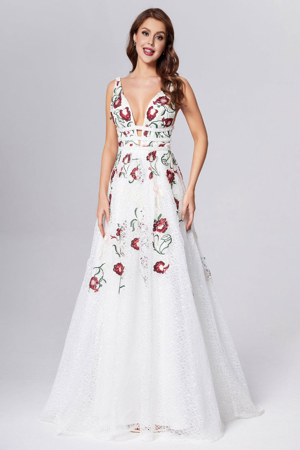 dressimeA Line Elegant V Neck Lace Prom Dresses Backless With Floral